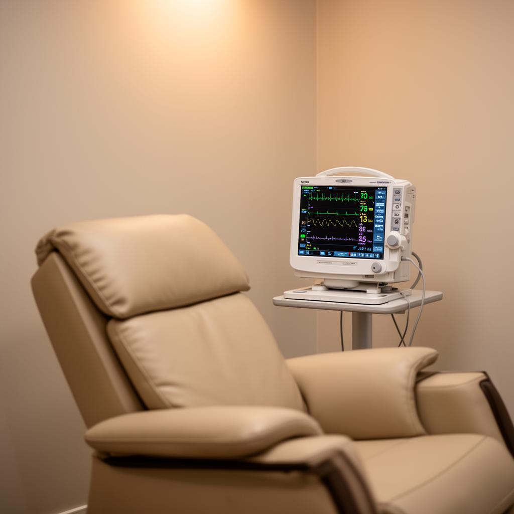 Monitor de sinais vitais ao lado de cadeira reclinável em sala clínica